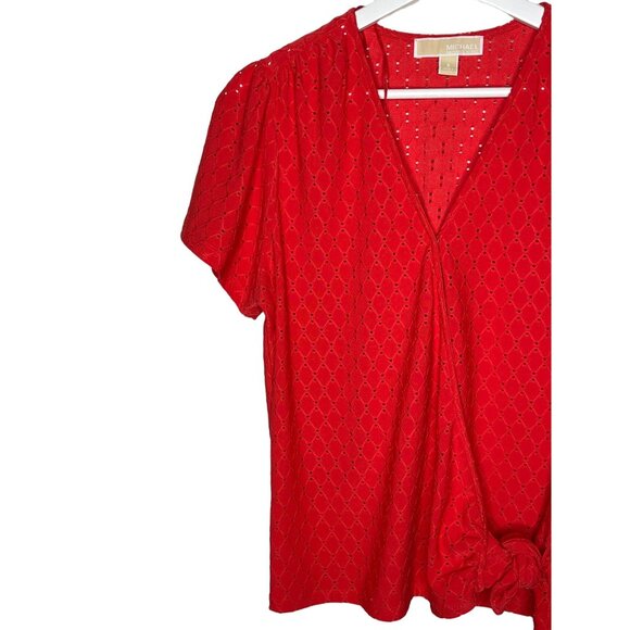 Michael Kors Eyelet Puff Sleeve Blouse S Orange V-Neck Short Sleeve Top - Picture 3 of 10